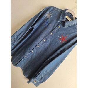 Vtg Christine Alexander Denim Star Novelty Button Up Shirt Womens XL Blue Bling
